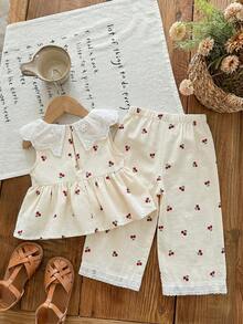 SHEIN LMoss Kids Bộ áo và quần họa tiết hoa dễ thương cho bé gái, viền bèo nhún, thích hợp cho kỳ nghỉ hè. - Nhiều màu - Xem 4