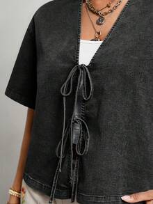 Freevana Plus Size Women Black Summer Boho 1950s Vintage Vacation Washed Front Knot Short Sleeve Shirt Coords Casual Fashionable Daily Commute Pants Top Set - Black - View 5
