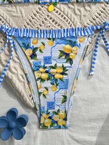 Swim Mod 女士泳衣两件套，性感度假沙滩优雅柠檬图案挂脖系带荷叶边三角泳裤蓝色柠檬吊坠沙滩装 - 彩色 - 查看 5