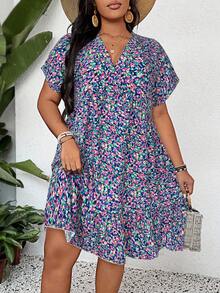 SHEIN LUNE 大码女装夏季海滩早午餐假日碎花V领蝙蝠袖腰带连衣裙休闲波西米亚风女装连衣裙度假装女装印花连衣裙女装蓝色碎花连衣裙 - 彩色 - 查看 7