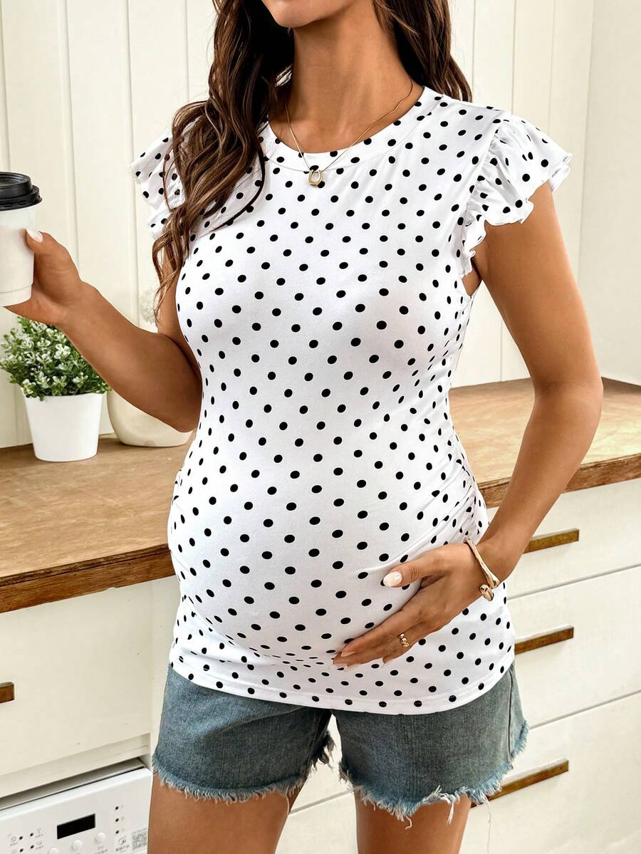 SHEIN Áo thun cổ tròn ôm dáng in chấm bi, thích hợp mặc thường ngày cho phụ nữ mang thai, mùa hè. - trắng - Xem 1