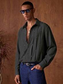 AKNOTIC Men's Black Pleated Embroidered Contrast Color Loose Long Sleeve Shirt, Business Casual Holiday Boyfriend Father's Day Gift, Summer Contrast Embroidered Turndown Collar Button-Up Formal New - Black - View 3