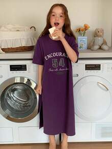 Dazy Kids 时尚修身T恤裙，适合大龄女孩的休闲家居服 - 紫色 - 查看 3