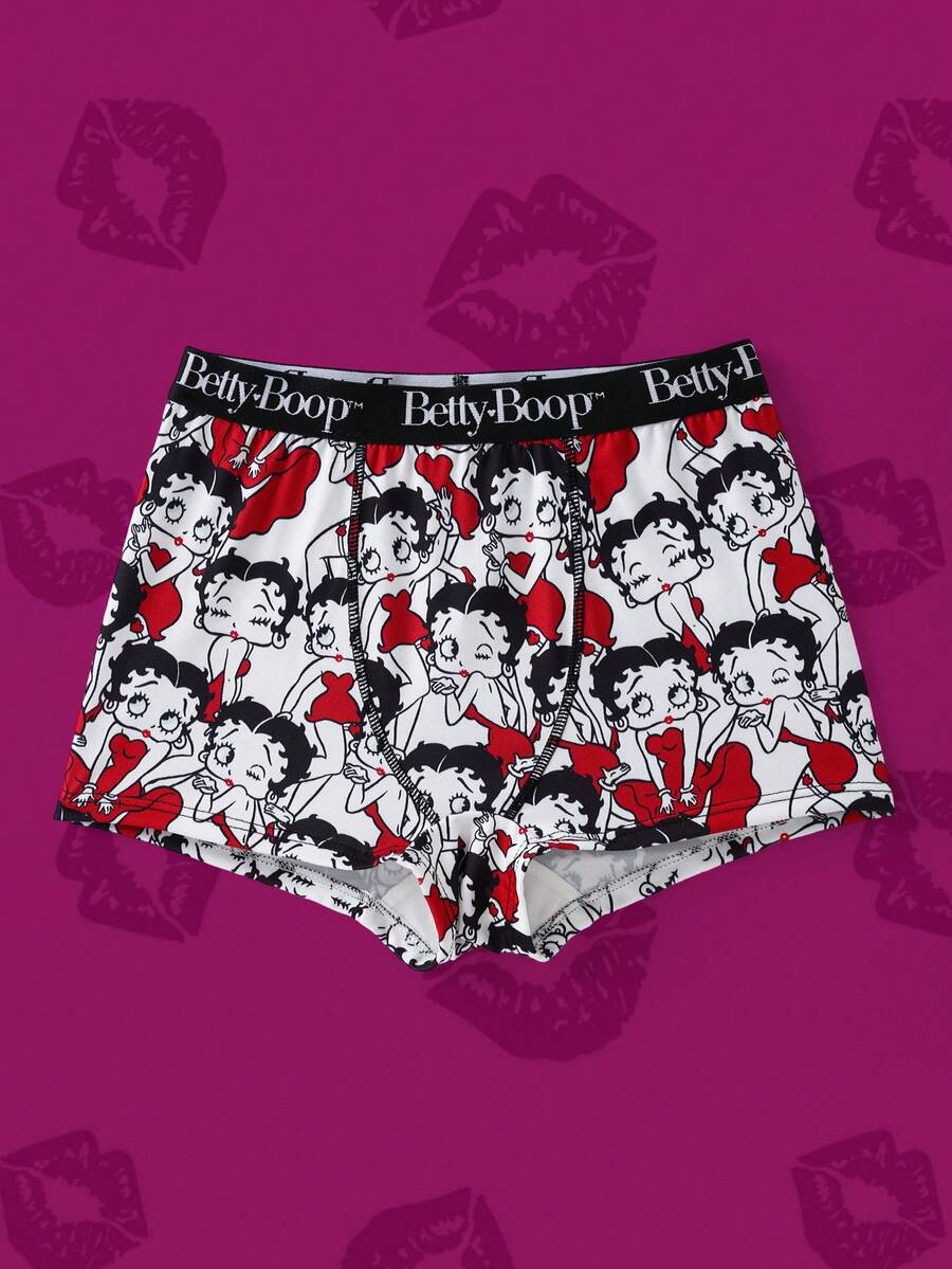 Betty Boop x SHEIN 女士字母卡通印花休闲日常三角裤 - 紅白色 - 查看 1