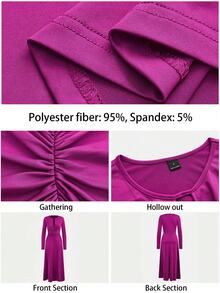 Maija 紫色褶皱领镂空长袖修身A字长连衣裙，适合秋冬季穿着 - 中紫紅色 - 查看 5