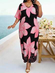 SHEIN Lady Đầm dài dáng suông cổ chữ V màu đen dệt kim nhiều màu sắc dành cho nữ cỡ lớn, thích hợp mặc mùa xuân và hè, kiểu dáng thanh lịch, phong cách boho, đầm kaftan dài, đầm lễ Phục Sinh, trang phục mùa xuân cho nữ, trang phục đi nghỉ mát, trang phục đi biển cho nữ, đầm đi biển, đầm dự đám cưới, đầm công sở, đầm dạ hội, đầm hoa cỡ lớn, đầm đi nghỉ mát cỡ lớn cho nữ, đầm Hawaii cỡ lớn, đầm cỡ lớn cho nữ, đầm mùa hè cỡ lớn, đầm mùa hè cỡ lớn cho nữ, trang phục mùa hè cỡ lớn cho nữ, đầm mùa xuân cỡ lớn. - Nhiều màu - Xem 3