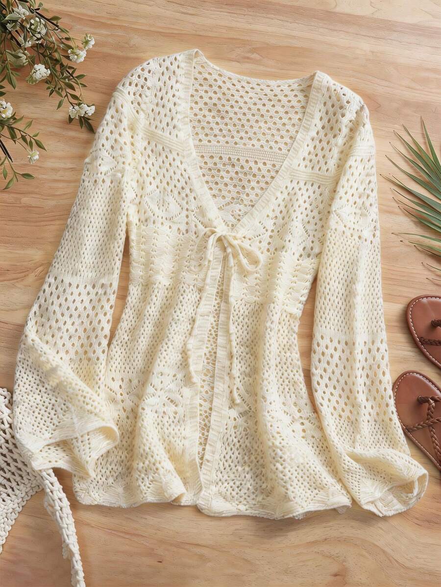Breezaya Áo khoác cardigan dệt kim khoét lỗ thoải mái dành cho nữ, thích hợp cho kỳ nghỉ - Màu be - Xem 1