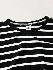 SHEIN 2pcs/Set Tween Girls' Round Neck Short Sleeve Striped Ruffle Sleeve T-Shirt And Striped Shorts - Black and White - View 5