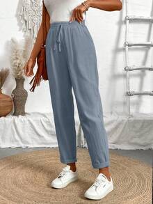 Breezaya Women Solid Color Drawstring Spring And Summer Long Pants - Blue - View 3