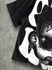 Manfinity ZONE917 Men's Oversized Distressed Funny Money Diamond Teeth Tattoo Big Face Allover Print Loose Fit Short T-Shirt - Black - View 4