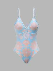 Sweetra Women's Retro Plaid Blue Matching Minidress One-Piece Swimsuit, Suitable For Vacation - Multicolor - View 9