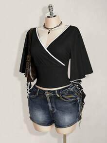 SHEIN ICON 大码女式V领撞色休闲日常T恤 - 彩色 - 查看 5
