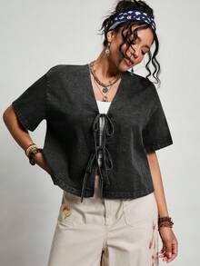 Freevana Plus Size Women Black Summer Boho 1950s Vintage Vacation Washed Front Knot Short Sleeve Shirt Coords Casual Fashionable Daily Commute Pants Top Set - Black - View 9