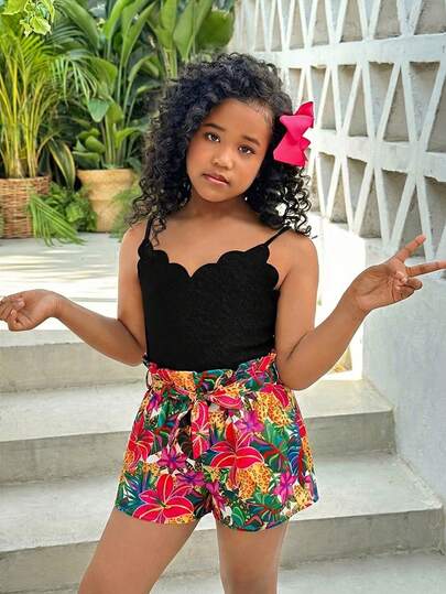 SHEIN Tween Girls' Summer Casual Vacation Floral Patchwork Print Romper, Suitable For Holiday, Beach