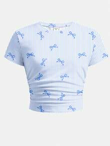 Bộ đồ 2 mảnh dễ thương kiểu retro cho bé gái, gồm áo thun ngắn tay và quần legging kẻ sọc xanh dương in hình nơ, thích hợp mặc hàng ngày. - Nhiều màu - Xem 9