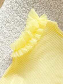 Cozy Pixies Baby Girl Solid Color Knit Soft Round Neck Short Sleeve Pullover Top, Versatile & Comfortable - Yellow - View 4