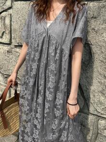 女士V领单排扣碎花图案休闲简约派对旅行连衣裙 - 灰色 - 查看 7