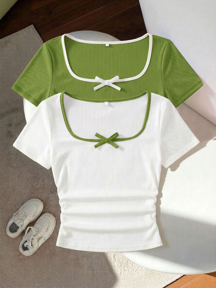 SHEIN 2pcs/Set Tween Girls' Casual Comfortable Contrast Stripe Bow Decor U-Neck Ruched Short Sleeve T-Shirt - Multicolor - View 1