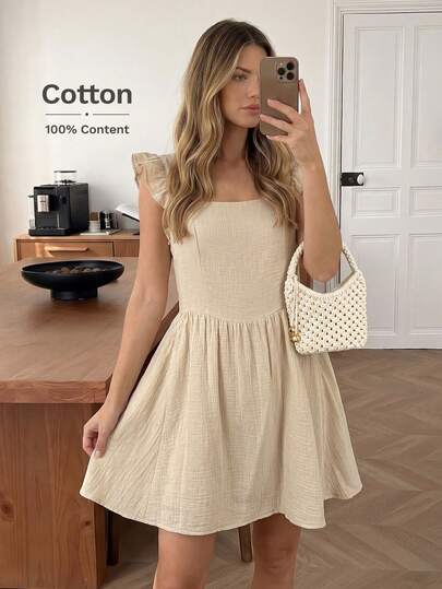 Easowa 露背系带蝴蝶结荷叶边泡泡袖方领收腰褶皱A字连衣裙，无袖休闲宽松优雅通勤复古风度假连衣裙，适合春夏穿着