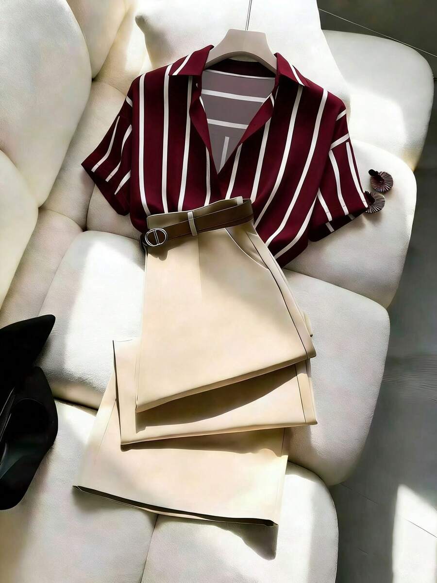 Franclia New Striped Short Sleeve Shirt And Solid Apricot Color Pants 2 Pieces Set For Women, Spring/Summer - Multicolor - View 1