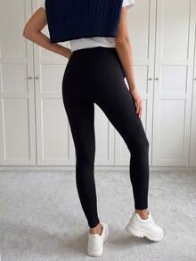 SHEIN LUNE Heart Pattern Casual Sports Knitted Leggings For Women, Ankle Length, Suitable For Spring/Autumn Suitable For Going Out,Casual - Black - View 4