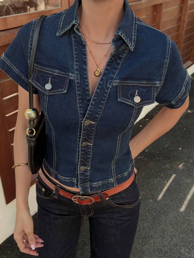 Women's Collared Waist Fitted V-Neck Denim Blouse Summer