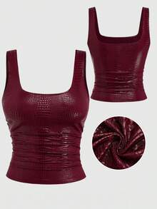Sweetra Nueva moda Camiseta de tirantes ajustada de PU con estampado de cocodrilo burdeos, para uso diario, fiesta, club, primavera/verano, mujer - Burdeos - Ver 1