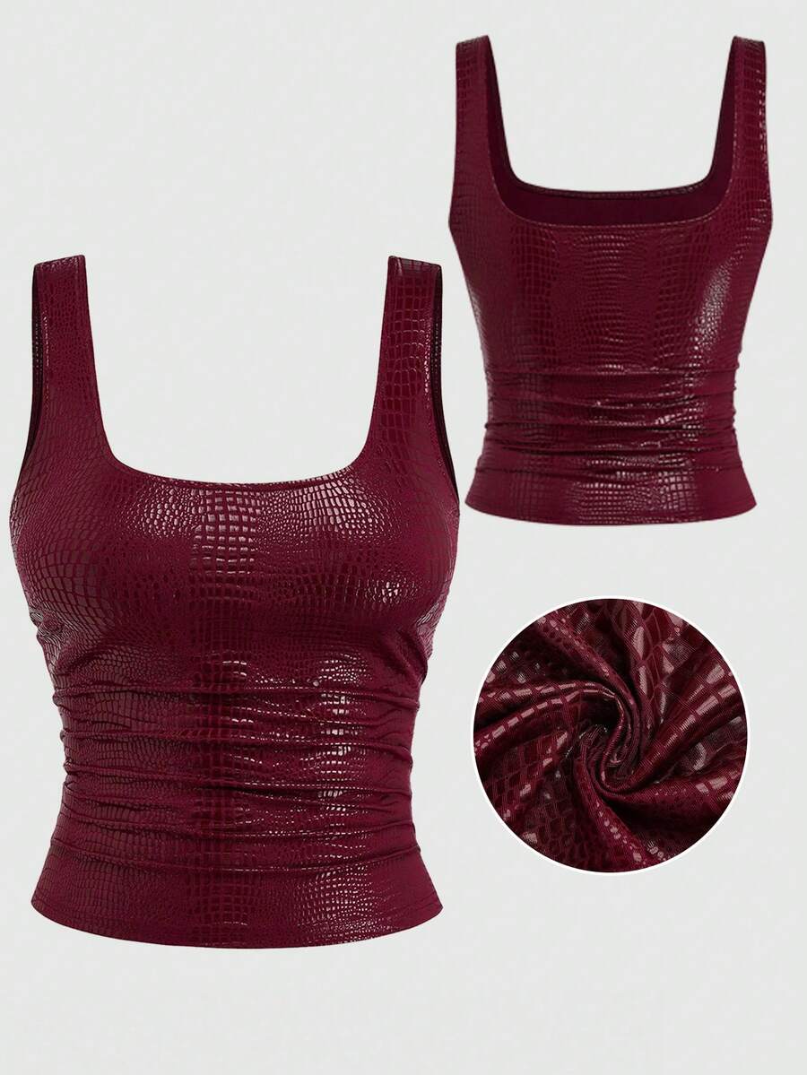 Sweetra Nueva moda Camiseta de tirantes ajustada de PU con estampado de cocodrilo burdeos, para uso diario, fiesta, club, primavera/verano, mujer - Burdeos - Ver 1