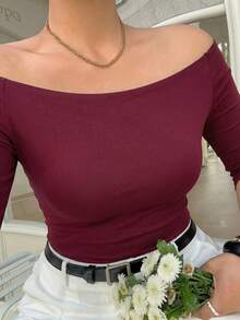 Dazy Plus Áo thun nữ cỡ lớn, màu trơn, kiểu dáng trễ vai, ôm sát, phong cách thường ngày. - Màu Đỏ Sâu - Xem 5