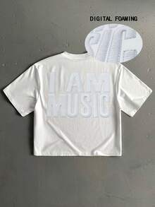 Manfinity ZONE917 Camiseta de Manga Curta com Estampa Branca em Folha de Ouro "I AM MUSIC" de Estilo Casual de Rua, Formato de Caixa, Adequada para Primavera/Verão, Presente de Festival de Música para Amigos - Branco - Visão 1