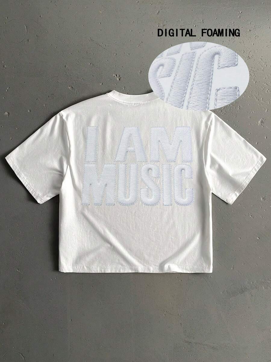 Manfinity ZONE917 Camiseta de Manga Curta com Estampa Branca em Folha de Ouro "I AM MUSIC" de Estilo Casual de Rua, Formato de Caixa, Adequada para Primavera/Verão, Presente de Festival de Música para Amigos - Branco - Visão 1