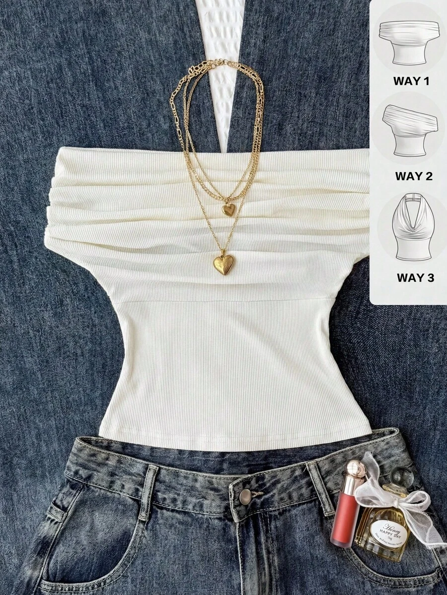 SHEIN 少女无袖上衣和吊带衫，休闲纯色修身款，夏季百搭，高领露肩设计，优雅大方，适合节日、乡村、海滩度假、下午茶等各种场合，风格端庄，可作舞蹈服或可爱上衣穿着。 - 白色 - 查看 1