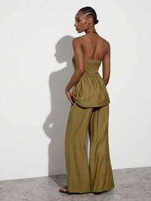 Maija Women's Summmer Casual Casual Minimalist Olive Green Bandeau Top And Pants 2 Pieces Set,Festival Outfits, Sets, Holiday Outfits Vacation - Olive Green - View 3