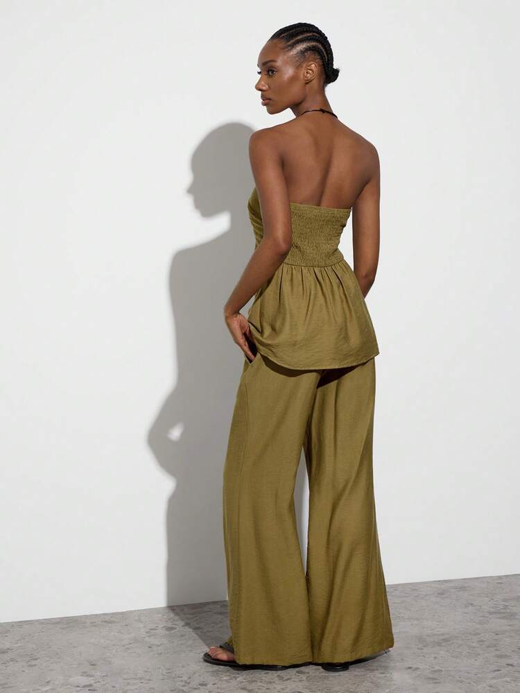 SHEIN Maija Women's Summer Casual Solid Color Bandeau Top And Pants 2 Pieces Set,Festival Outfits,Green Sets,Summer Holiday Outfits,Beach Outfit For Women,Work Outfits For Women