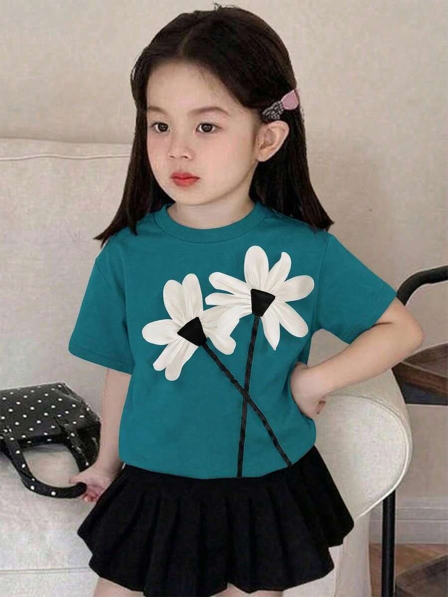 Genkimix Kids 少女时尚休闲上衣,创意3D立体花卉装饰,圆领短袖T恤,夏季款 - 藏蓝色 - 查看 1