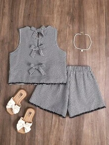 SHEIN Tween女孩黑白格紋夏季兩件套，圓領蝴蝶結露背背心上衣與短褲，熱帶度假假期穿搭，8-12歲 - 黑與白 - 查看 4