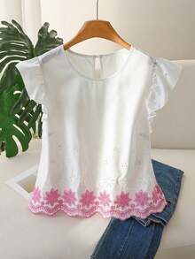 SHEIN Cosyjoi 大码女式舒适喇叭袖刺绣下摆衬衫，白色休闲衬衫，适合通勤、约会、度假，春夏新品 - 粉色 - 查看 1