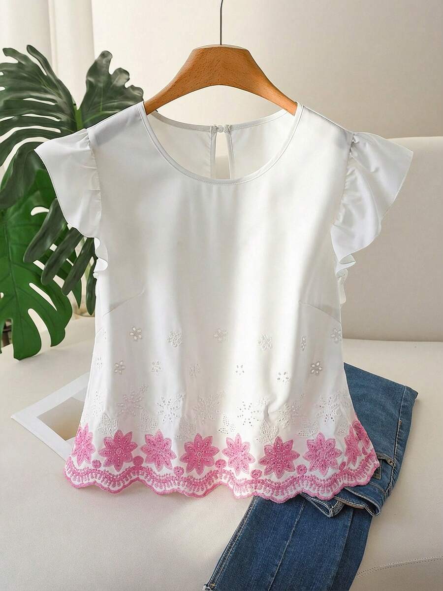 SHEIN Cosyjoi 大码女式舒适喇叭袖刺绣下摆衬衫，白色休闲衬衫，适合通勤、约会、度假，春夏新品 - 粉色 - 查看 1