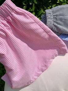 SHEIN 3pcs/Set Tween Girls' Casual Street Style Woven Striped Straight Leg Shorts - Black - View 5