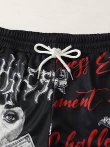 ROMWE MEN Street Life Pantalones cortos de baloncesto con estampado para hombres con diseño 2 en 1, adecuados para uso diario en primavera/verano - Negro - Ver 2