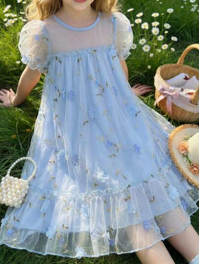 Souflis Souflis 女童优雅圆领泡泡袖刺绣3D花朵A字连体连衣裙，休闲时尚连衣裙，适合节日派对、生日礼物、度假、春夏穿着