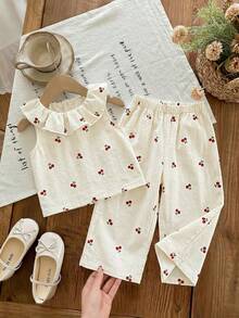 SHEIN LMoss Kids Conjunto de top sin mangas con volantes y estampado floral y pantalones de cintura elástica para niña pequeña en vacaciones de verano - Multicolor - Ver 3