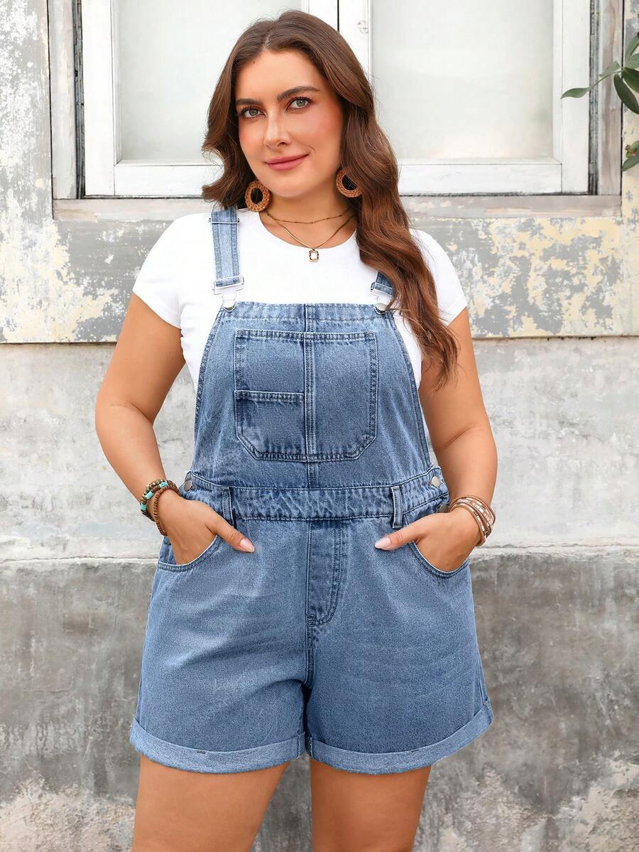 EMERY ROSE Plus Size Women Casual Loose Comfortable Light Blue Non-Stretch Denim Bib Shorts - Light Wash - View 1