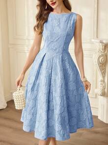 Vintamour 复古优雅女士连衣裙，带口袋，油画提花纹理，休闲通勤、假日派对连衣裙，夏季女装，夏季服装，夏季女装套装，春季女装套装，春季女装连衣裙，春季女装套装，春假女装套装，复活节女装，优雅女装，度假女装套装，夏季假日女装套装，度假连衣裙，休闲女装，优雅派对连衣裙 - 淺藍色 - 查看 2