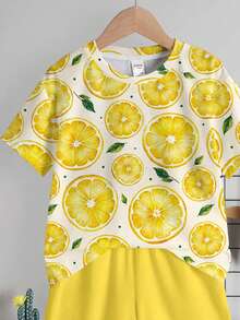 SHEIN 男童休闲柠檬印花T恤套装，经典可爱夏季度假风图案印花，适合春夏季节、海滩、海边、假日穿着 - 彩色 - 查看 5