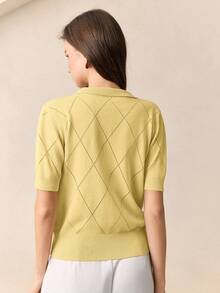 BizChic Women's Solid Color Polo Collar Diamond Pattern Knitted Short Sleeve Pullover Sweater, Suitable For Urban Commute, Business Casual, Holiday, Wedding Guest, Party, Summer - Yellow - View 2