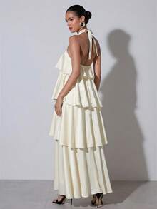 女士夏季时尚派对宴会度假风简约纯色交叉露背多层鸡尾酒裙 - 杏色 - 查看 2