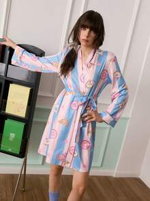 Chillnights 年轻活力趣味披萨、甜甜圈、爱心、棒棒糖和条纹印花短款睡袍，女士睡衣睡袍，睡袍，女士睡衣，Bonmuse 女士睡袍，女士睡衣套装，女士睡衣派对套装，女士睡衣套装，女士两件套睡衣套装，女士睡袍，印花睡裙，和服睡袍 - 彩色 - 查看 3