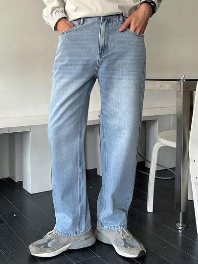 DAZY 男士蓝色修身做旧牛仔裤，适合春秋季穿着