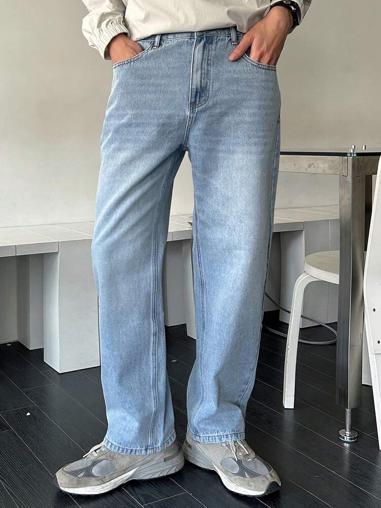 Men's Blue Fitted Distressed Denim Jeans, Suitable For Spring And Autumn